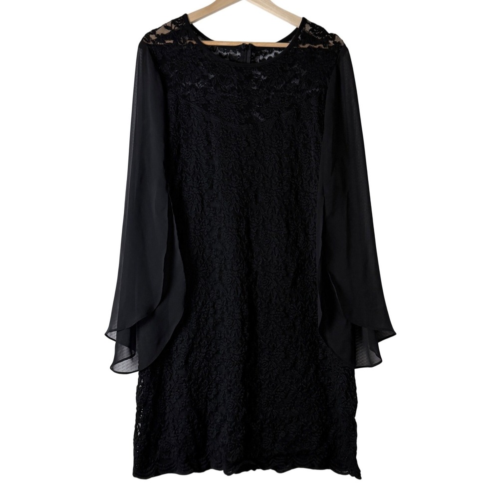 Women Lace Bell Sleeve Dress Size 14 Black Cocktail Formal Sheer‎ LBD Party